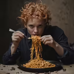 there is a young boy eating spaghetti in front of him