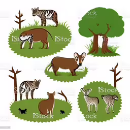 different types of animals standing on grass,four different animals and their surroundings are depicted in this illustration