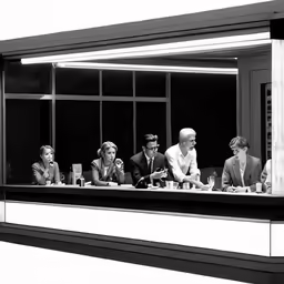 a group of people sitting at a table in front of a window