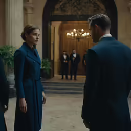 two men and a woman stand in an empty building