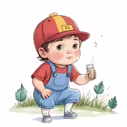 little boy in overalls, a red cap and orange shirt holding a beer