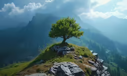 a lonely tree on a rocky mountain cliff