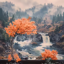 a river with orange trees and mountain in the background