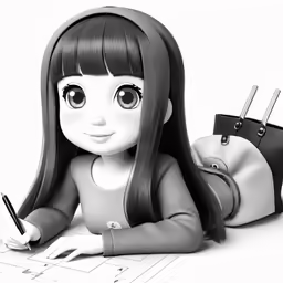 a 3d girl sits on the floor and looks at a computer screen