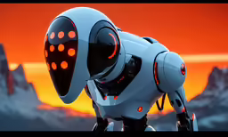 an animation rendering of a robotic character at sunset
