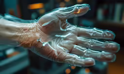 a hand with white plastic is covered with water