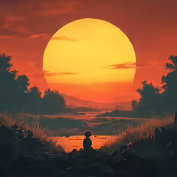 an image of a person with a sunset in the background