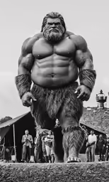 a black and white photo of a man wearing gorilla fur
