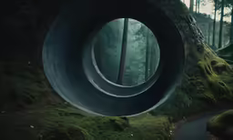 an empty circular road going through the middle of the forest