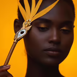 a young woman has an orange wand with a fancy eyeball on it