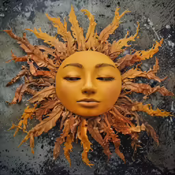 a yellow mask with brown leaves around it