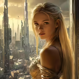 a beautiful blond woman in dress posing on top of a building