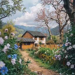 a cottage that is surrounded by flowers