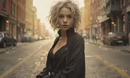 a woman stands in a street wearing a black top