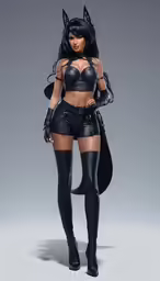 a woman in a cat costume with leather clothes and boots