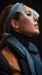 a woman wearing a scarf and eye glass