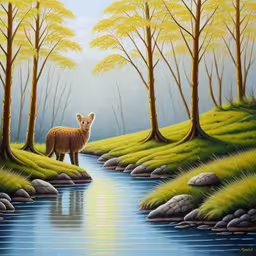 a painting of a wolf by a stream,the painting has a fox and some trees,an animal standing on a rock near a stream,an animal painting on canvas in front of a stream,painting of a fox in a wood setting, standing on rocks in the middle of a river