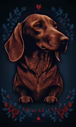 a brown dog sitting on top of a flowery background