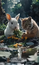 a cat sitting next to a bunny in a forest