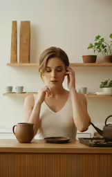 a beautiful young lady sitting in front of a tea pot and kettle with her head on her hand
