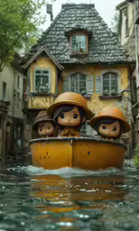 a row boat filled with three dolls on top of water