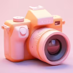 an orange camera with a small flash in the lens