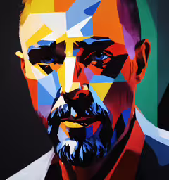 a close up photo of a man with a mustache and mustache mustache,the self portrait of an artist of different shapes and colors