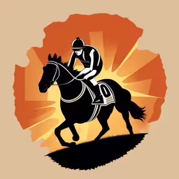 a person riding on top of a horse,silhouette of a jockey on a horse, with sun rays coming through the background