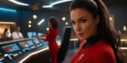a beautiful woman in red clothes standing by some computers