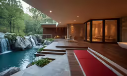 a modern house overlooking a waterfall in the mountains