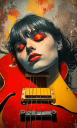 a young person wearing red is holding an orange guitar