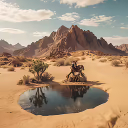 two people ride horses through a desert landscape