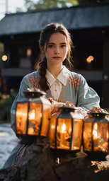 woman with lantern on rock outdoors in asian village