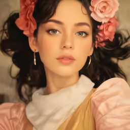 a woman wearing flowers and with her hair blowing in the wind