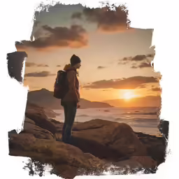 a woman standing on rocks overlooking a body of water