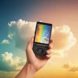 a hand holds up a phone that shows the sky and clouds