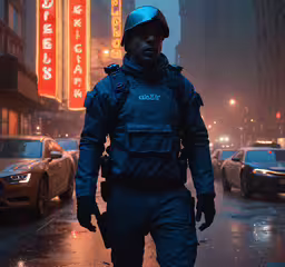 a man standing on the sidewalk in front of cars on a city street,a man in a blue uniform and helmet on the street
