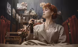 a woman in white jacket holding onto a brown object