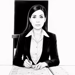 a drawing of a woman is sitting at a desk
