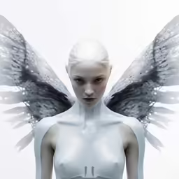 a woman with big, white hair and wings