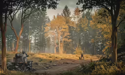two men in a forest setting with camera equipment