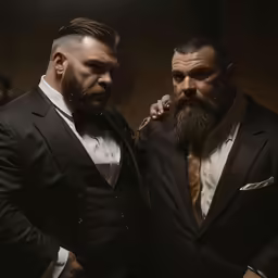 two men standing next to each other in suit