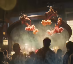 several sausages being fried on skewers over a crowd of people