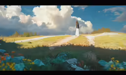 a young woman standing in the middle of an open field