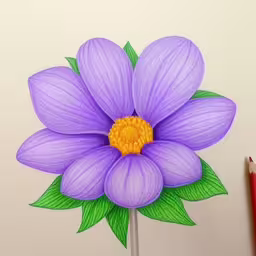 a drawing of a flower with some green leaves,drawing an easy flower with colored pencils,the colorful drawing shows a close up of a purple flower,colored drawing of purple flower with yellow center,a flower made with colored pencils next to a marker pen