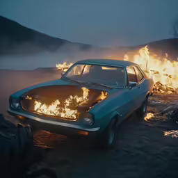 a car is burning while others watch