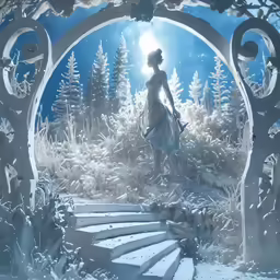 a woman in white dress standing at top of stairs