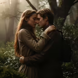 a young man and a woman are kissing in the forest