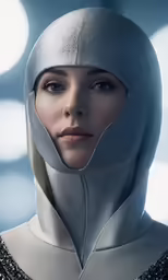 the model is wearing silver hood