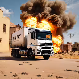 the huge truck has been hit by a large fire,a white truck with the large black smoke coming from it